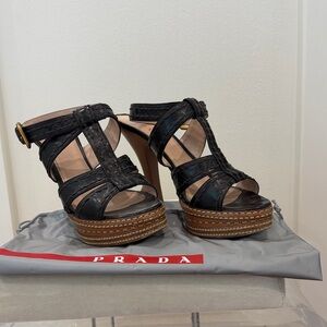 Prada Black Braided Leather Platform Sandals with Brown Stacked Sole